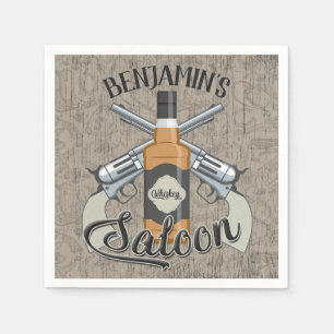Custom NAME Cowboy Revolver Gun Whiskey Saloon Napkins
