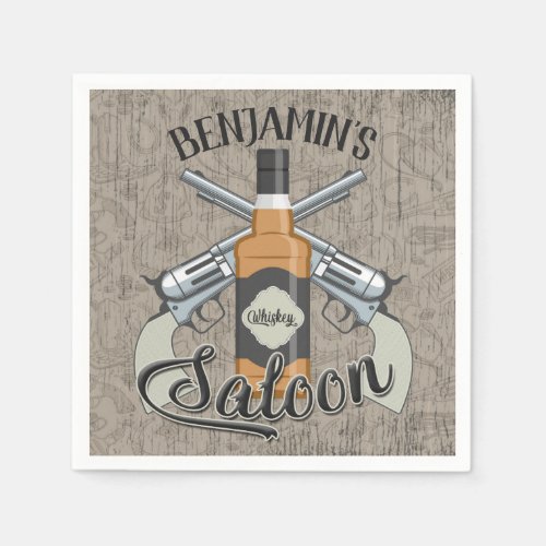 Custom NAME Cowboy Revolver Gun Whiskey Saloon Napkins