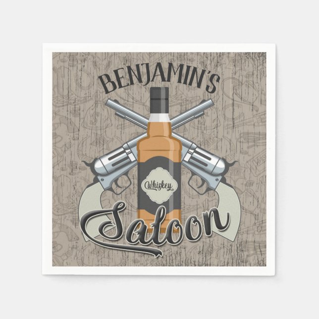 Custom NAME Cowboy Revolver Gun Whiskey Saloon Napkins (Front)