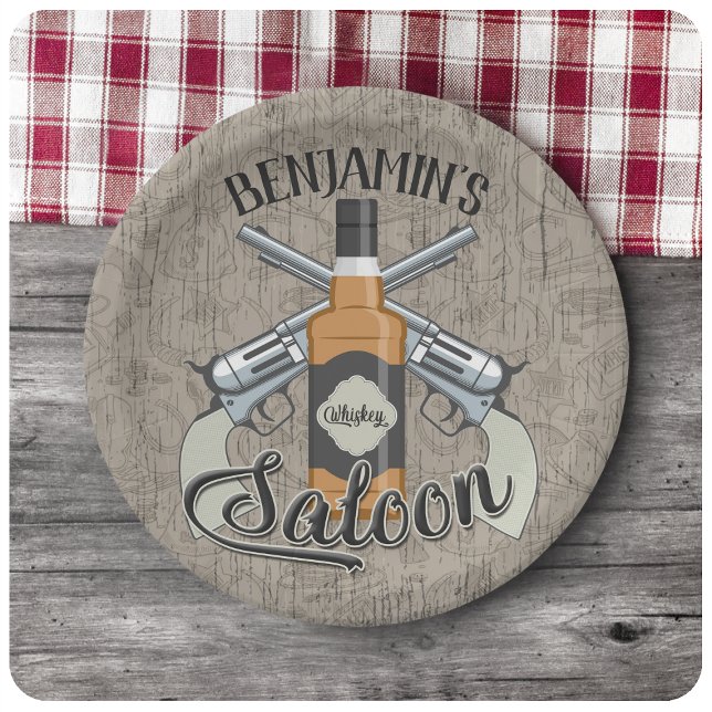 Custom NAME Cowboy Revolver Gun Whiskey Saloon Paper Plates (Creator Uploaded)