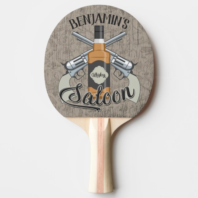 Custom NAME Cowboy Revolver Gun Whiskey Saloon Ping Pong Paddle (Front)
