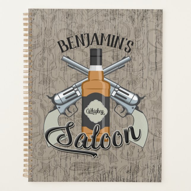 Custom NAME Cowboy Revolver Gun Whiskey Saloon Planner (Front)