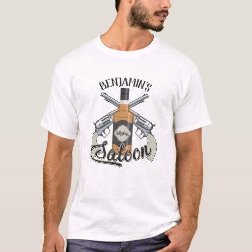 Custom NAME Cowboy Revolver Gun Whiskey Saloon T_Shirt