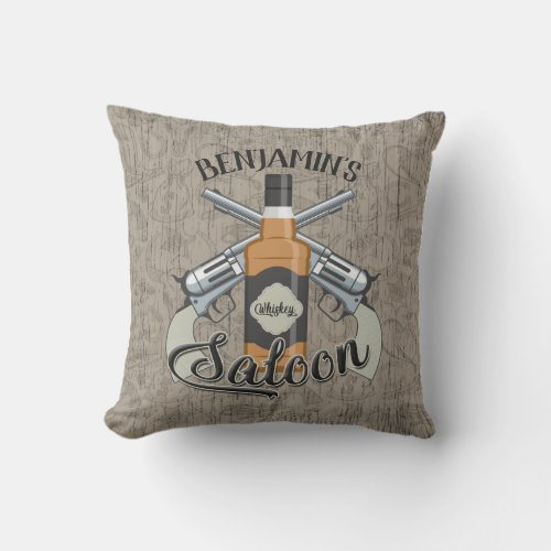 Custom NAME Cowboy Revolver Gun Whiskey Saloon Throw Pillow