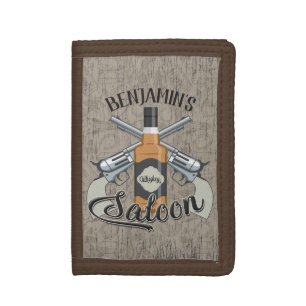 Custom NAME Cowboy Revolver Gun Whiskey Saloon Tri-fold Wallet
