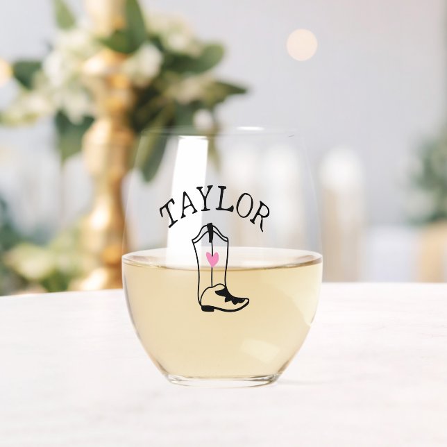 Custom Name Cowgirl Boot Cute Modern Bachelorette Stemless Wine Glass (Insitu (Wedding))