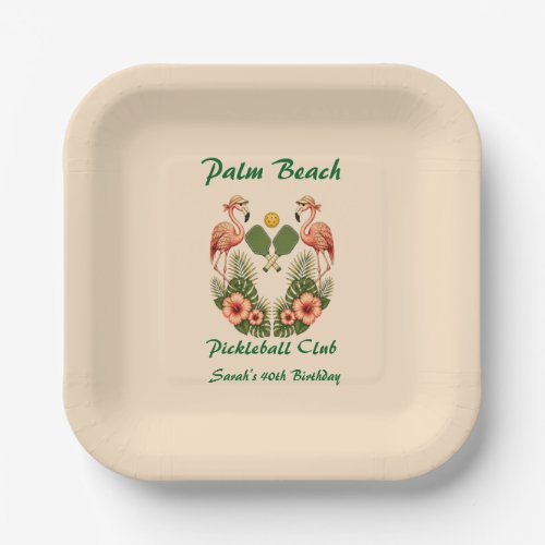 Custom Name Cream Palm Beach Pickleball Club Paper Plates