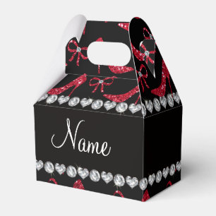 Custom name crimson red glitter high heels bow favor boxes