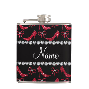 Custom name crimson red glitter high heels bow flask