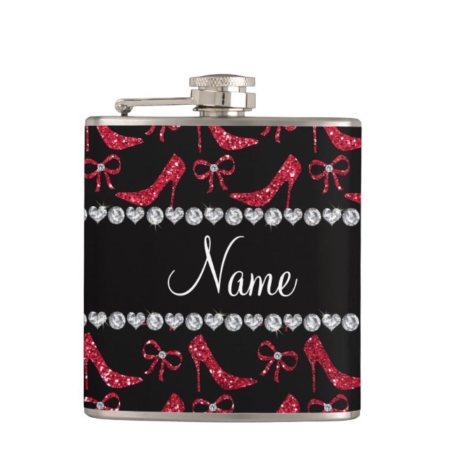 Custom name crimson red glitter high heels bow flask (Front)