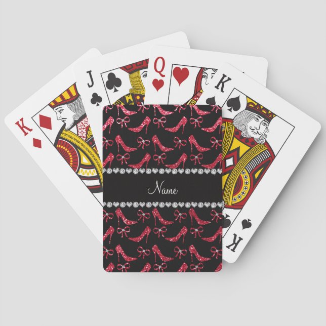 Custom name crimson red glitter high heels bow poker cards (Back)