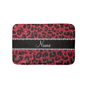 Custom name crimson red glitter leopard print bathroom mat