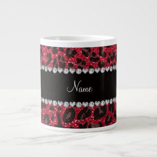 Custom name crimson red glitter leopard print large coffee mug