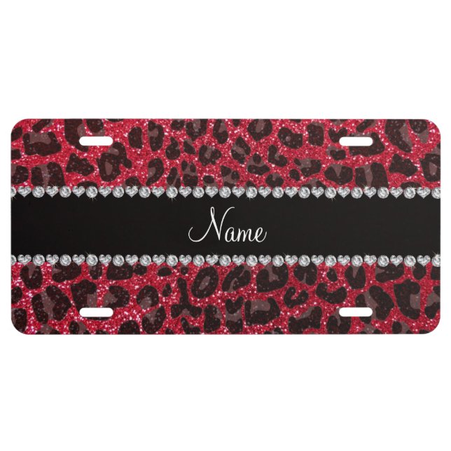 Custom name crimson red glitter leopard print license plate (Front)