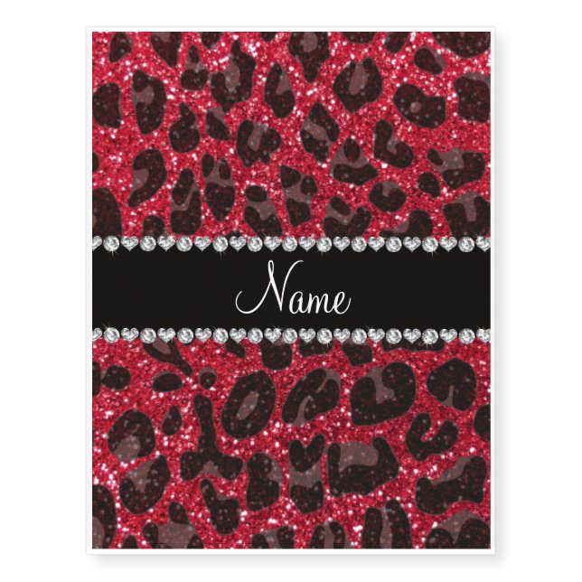 Custom name crimson red glitter leopard print temporary tattoos (Front)