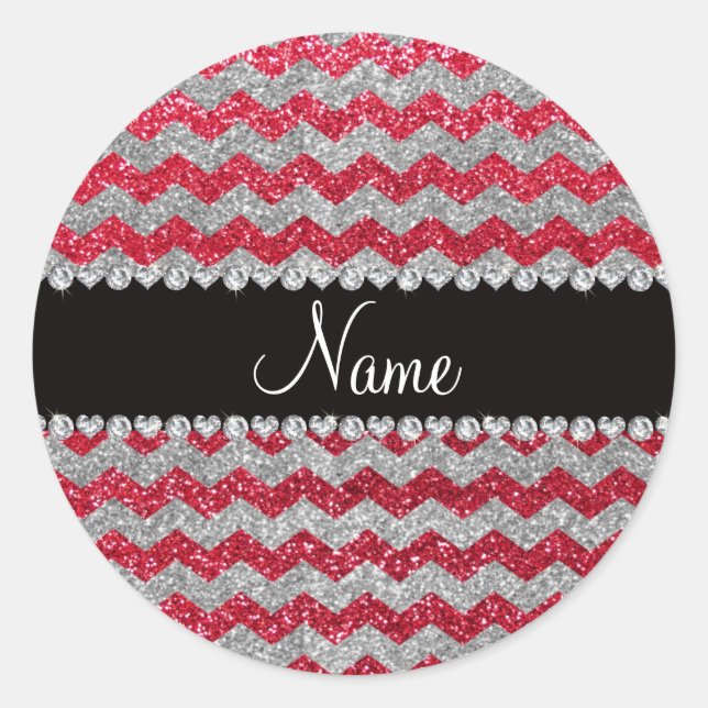 Custom name crimson red silver glitter chevrons classic round sticker (Front)