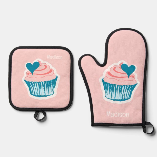 Custom Name Cupcakes Oven Mitt & Pot Holder Set (Front)