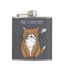 Custom Name Current Mood Meh Funny Cat Gray Flask
