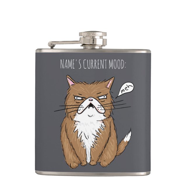 Custom Name Current Mood Meh Funny Cat Gray Flask (Front)