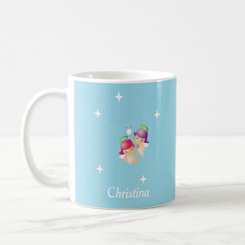 Custom name cute angels on blue coffee mug