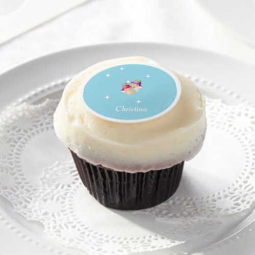 Custom name cute angels on blue edible frosting rounds