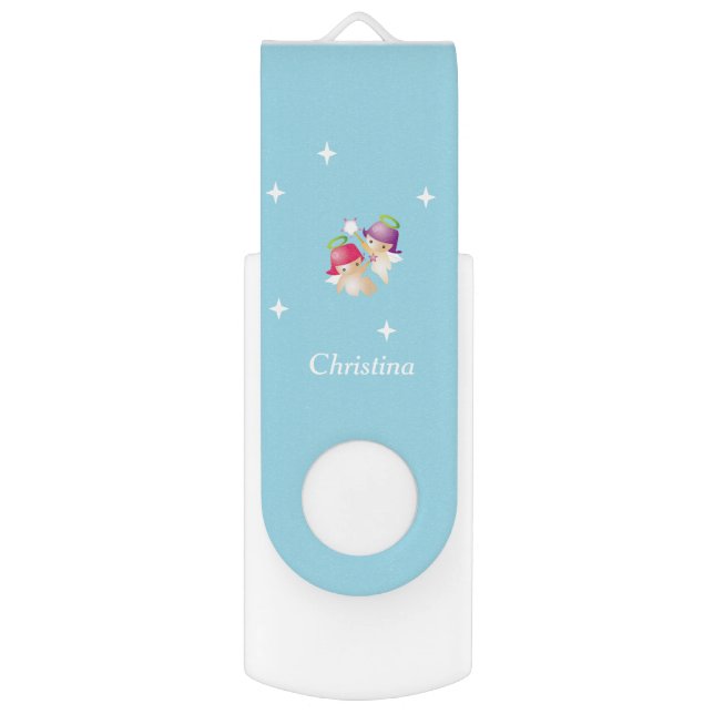 Custom name cute angels on blue flash drive (Front Vertical)
