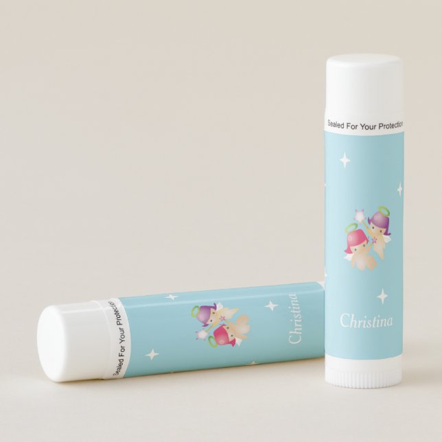 Custom name cute angels on blue lip balm (Front)