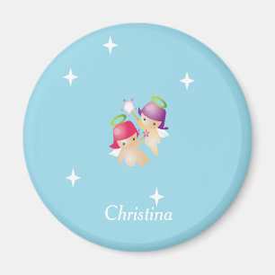 Custom name cute angels on blue magnet