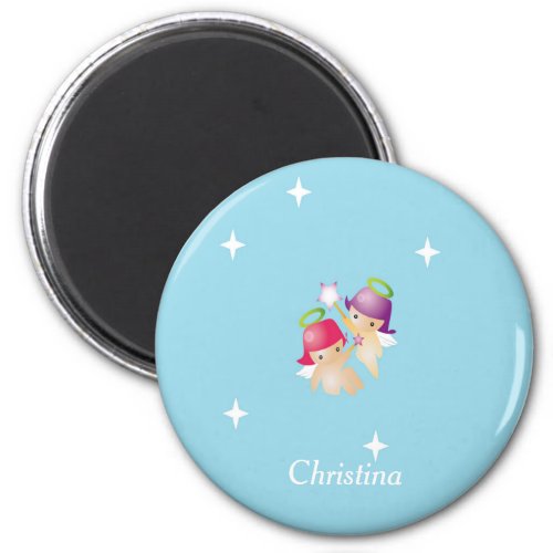Custom name cute angels on blue magnet