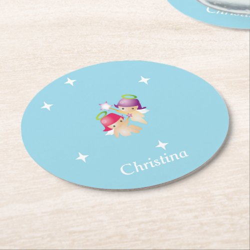 Custom name cute angels on blue round paper coaster