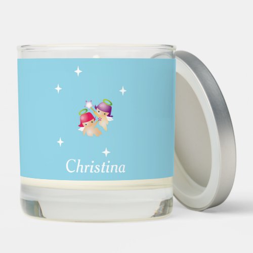 Custom name cute angels on blue scented candle