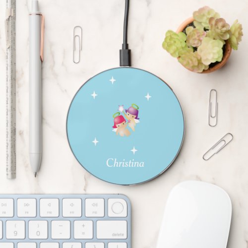 Custom name cute angels on blue wireless charger 