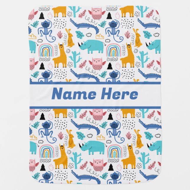 Custom Name Cute Animals Personalized Baby Blanket (Front)