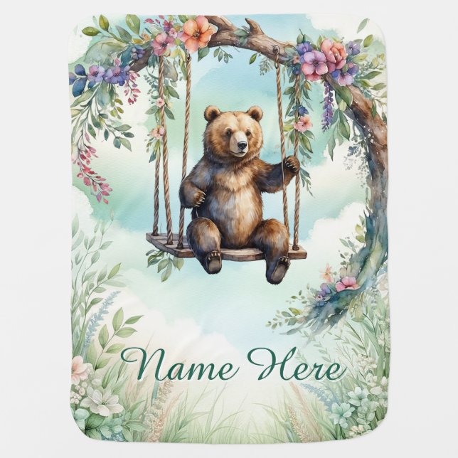 Custom Name Cute Bear Swing Personalized Baby Blanket (Front)