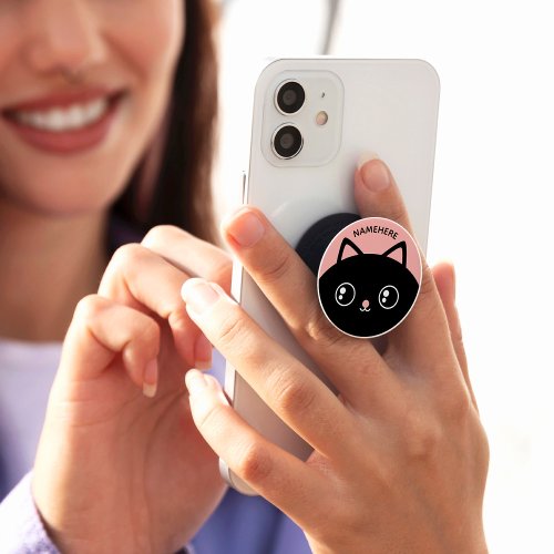 Custom Name Cute Black Cat Face on Pink PopSocket
