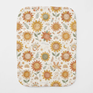 Custom Name Cute Boho Sunflower Sun & Rainbow Baby Burp Cloth