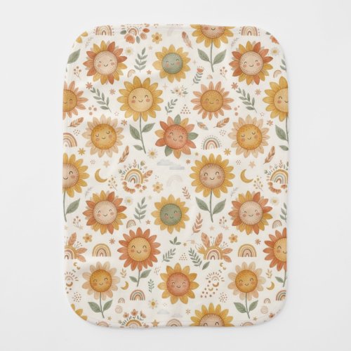 Custom Name Cute Boho Sunflower Sun & Rainbow Baby Burp Cloth