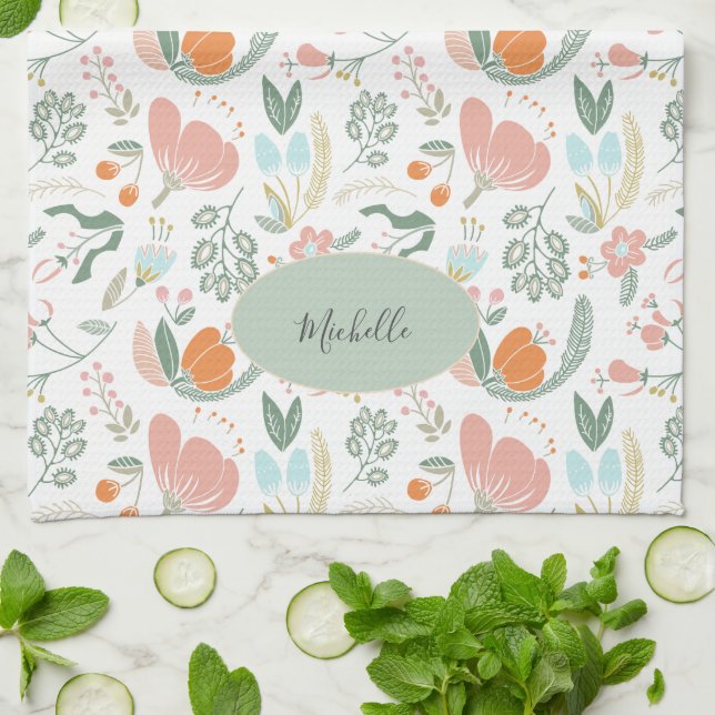 Custom name cute botanical pastel floral pattern kitchen towel (Folded)
