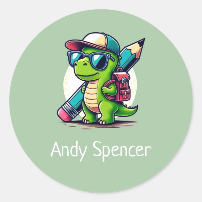 Custom Name Cute Boys Dinosaur Green Classic Round Sticker (Front)