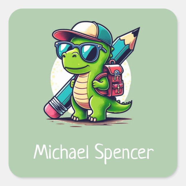 Custom Name Cute Boys Dinosaur Green Square Sticker (Front)