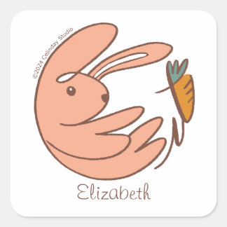Custom Name Cute Bunny and Carrot Animal Art Square Sticker