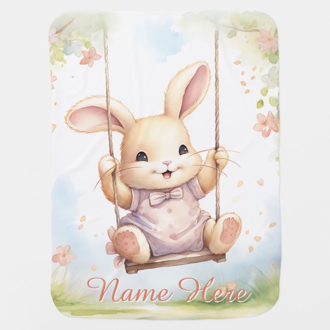 Custom Name Cute Bunny Swing Personalized Baby Blanket (Front)