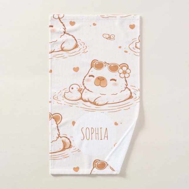 Custom Name Cute Capybara With Sunglasses Kids Hand Towel (Hand Towel)