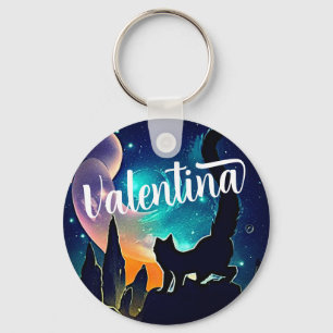 Custom Name Cute Cat and Galaxy Stars & Mountains  Keychain