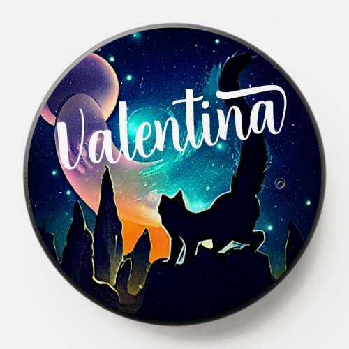 Custom Name Cute Cat and Galaxy Stars  Mountains  PopSocket