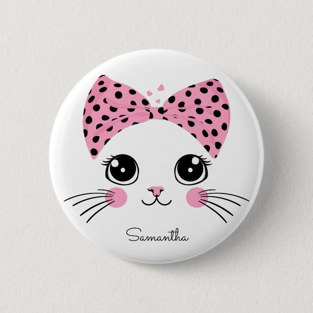 Custom Name Cute Cat Face Button (Front)