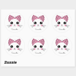 Custom Name Cute Cat Face Classic Round Sticker