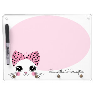 Custom Name Cute Cat Face Dry Erase Board With Keychain Holder