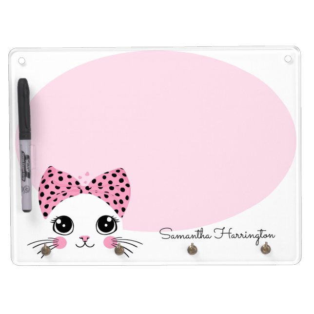 Custom Name Cute Cat Face Dry Erase Board With Keychain Holder (Front)