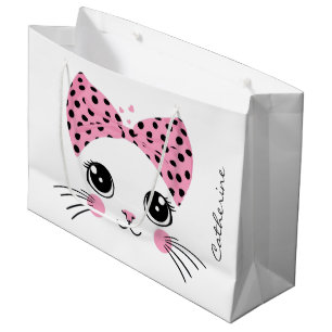 Custom Name Cute Cat Face Large Gift Bag